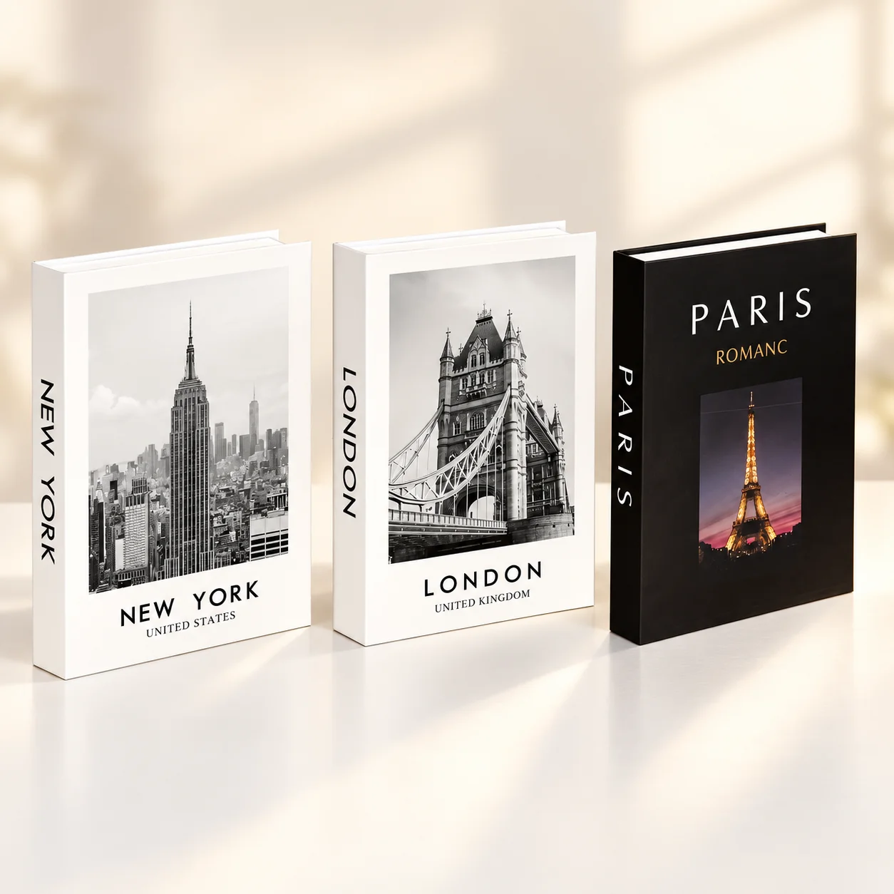 3PCS Foldable Decorative Faux Book Set, Black White City and Minimalist Shelf Decor for Coffee Table Home Office