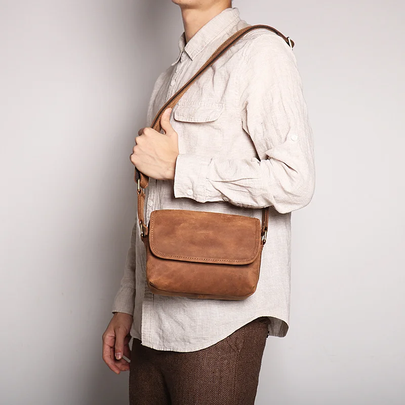 LUOKIR Vintage Crazy Horse Leather Retro Men's Bag Genuine Cowhide Shoulder Bag Women's Crossbody Bag iPad Small Square Bag