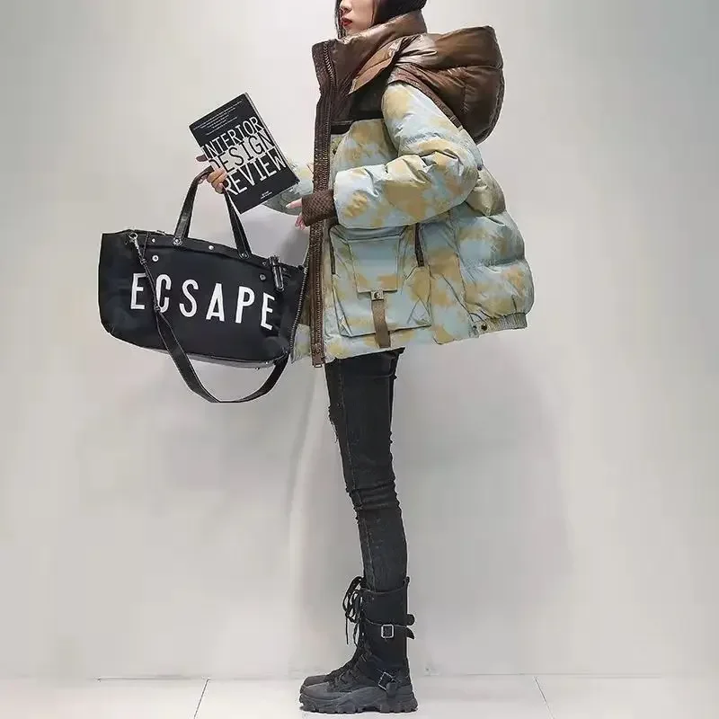 Jaqueta feminina solta com capuz, parkas quentes, casacos de inverno, moda coreana, nova