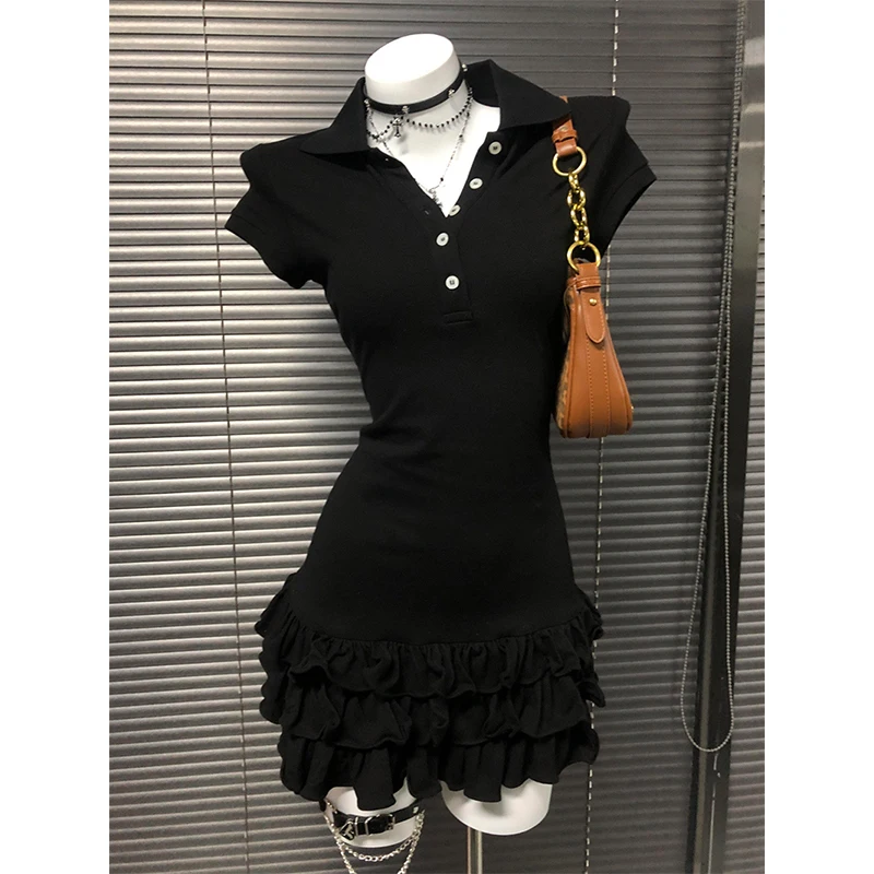 MEXZT Y2K Schwarz Mini Kleid Frauen Harajuku Gothic Rüschen Ein Stück Kleider Sommer Preppy Koreanische Kurzarm Bodycon Vestidos