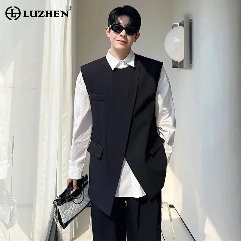 LUZHEN Elegant Fashion Korean Suit Vest 2024 Men\'s Asymmetric Placket Split Design Sleeveless Tops Trendy Niche Waistcoat LZ3380