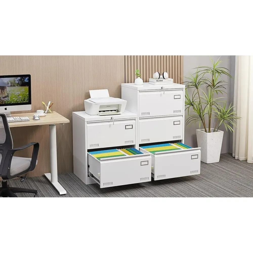 Horizontal Filing Cabinet with Lock, Adjustable Hanging Rod, and Storage for Letter/Legal/A4 Sizes in White