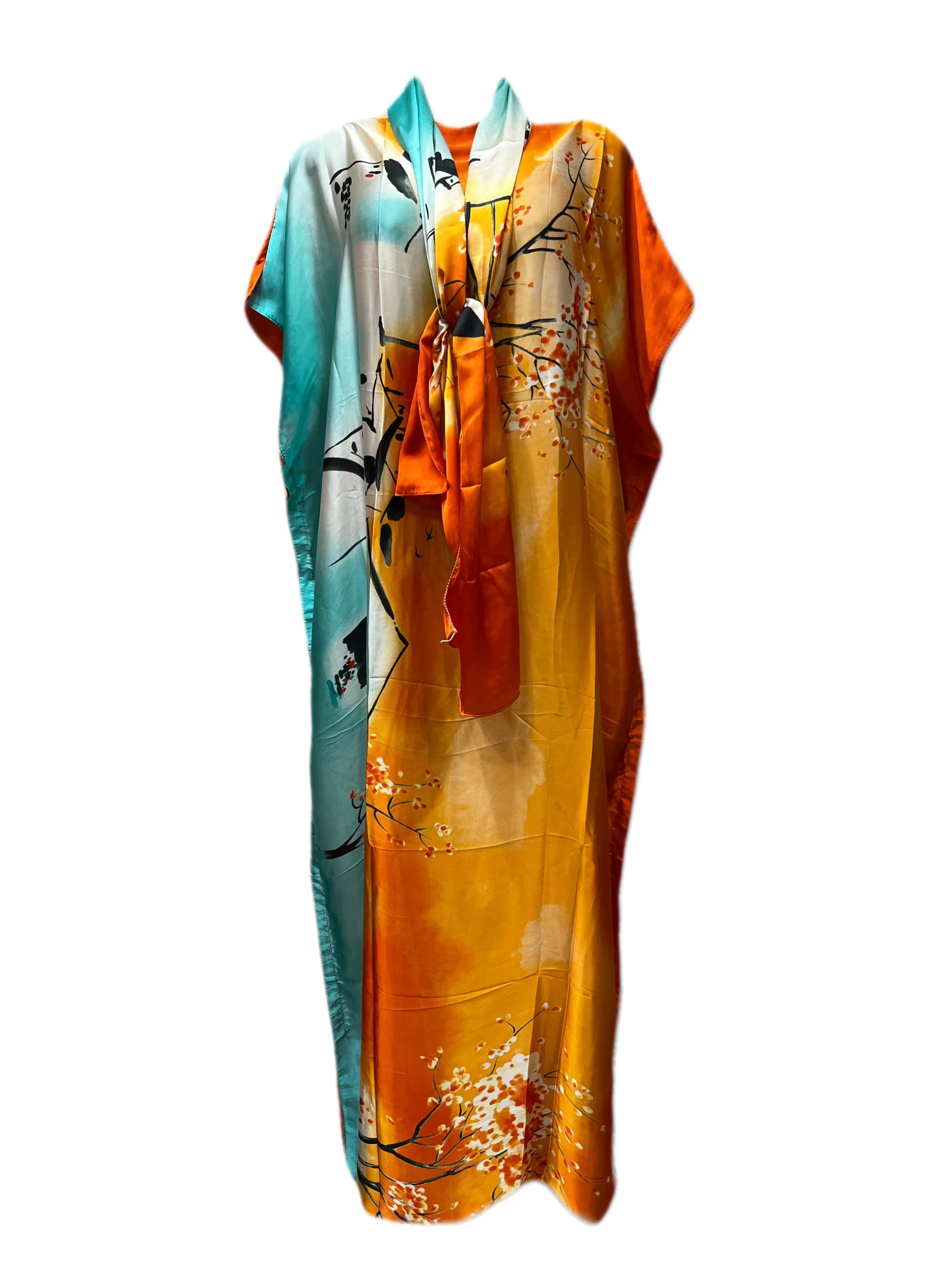 Printed Kaftan Maxi Dress with Bat Sleeves and Chic Hijab - A Fashionable Choice for Avant-garde Women