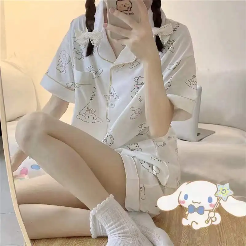 Sanrios Kuromi Hello Kittys Pajamas Women Nightgown Loose Cute Soft Girl Summer New Short Sleeved Sleepwear Home Clothe Sets Y2K