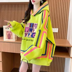 Printing Woman Tops Graffiti Loose Spring and Autumn Hoodies Baggy Hooded Sweatshirt for Women Green Kpop Outerwears Sport Cheap