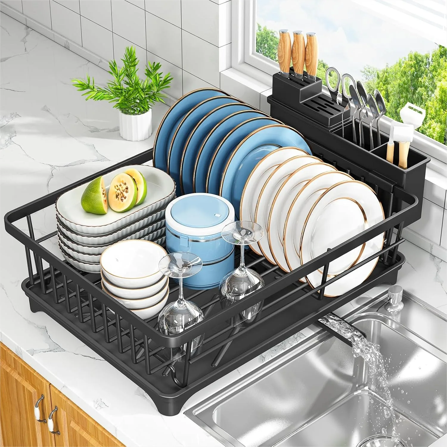 Space-Saving Dish Drying Rack for Kitchen Counter, Compact Dish Drainer with Utensil Holder, Rust-Resistant Small Dish Rack for