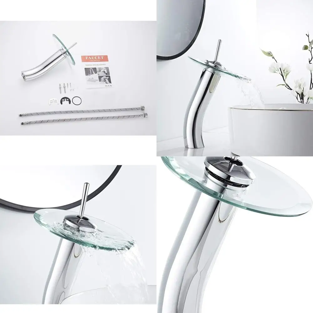 

Chrome Single Handle Solid Brass Waterfall Glass Spout Vessel Sink Faucet for Above Counter Lavatory Basin