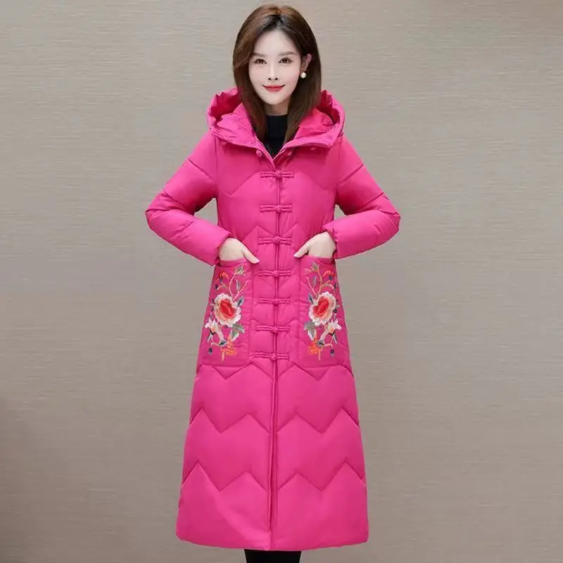 Winter Down Cotton Padded Women Chinese National Style Embroidered Long Outwear Thickened Warm Hooded Parka Coat Female