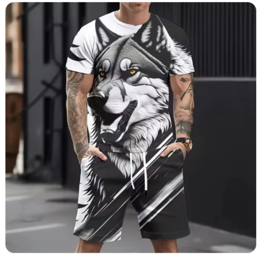 2025 Super Large Loose Men's Top Y2K Style Set, Men's Summer Leisure Breathable Set, Leisure Sports Set, Printed 3D Wolf Pattern