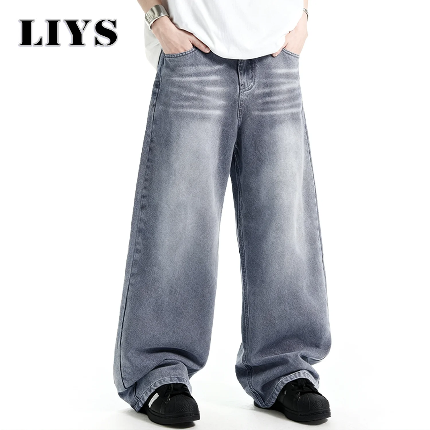 

Men's American Retro Washed Polished White Loose Wide Leg Jeans Daily Business Leisure Unisex Baggy Denim Pants Men‘s Clothes