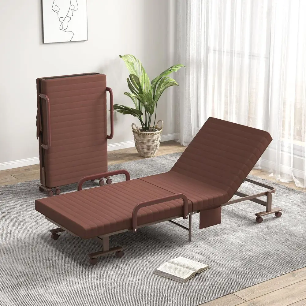 Folding Bed With Mattress, Portable Guest Bed With Adjustable 6 Position amp Side Storage Pocket, Foldable on Wheels for Home,