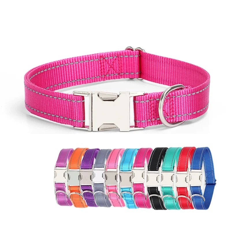 

Nylon Reflective Dog Collar Solid Color Engravable Metal Buckle Outdoor Walking Collar Pet Accessories Supplies