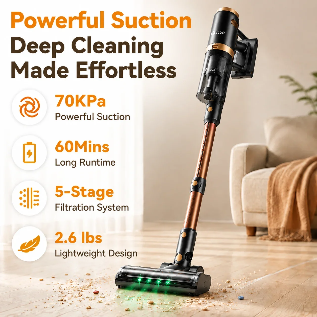 Cordless Vacuum Cleaner for Home,Self-Standing Stick Vacuum with Touch Screen,70KPa Suction,580W Motor & Up to 70-Min Runtime,Anti-Tangle Vacuum for Pet Hair,Carpet & Hardwood Floors