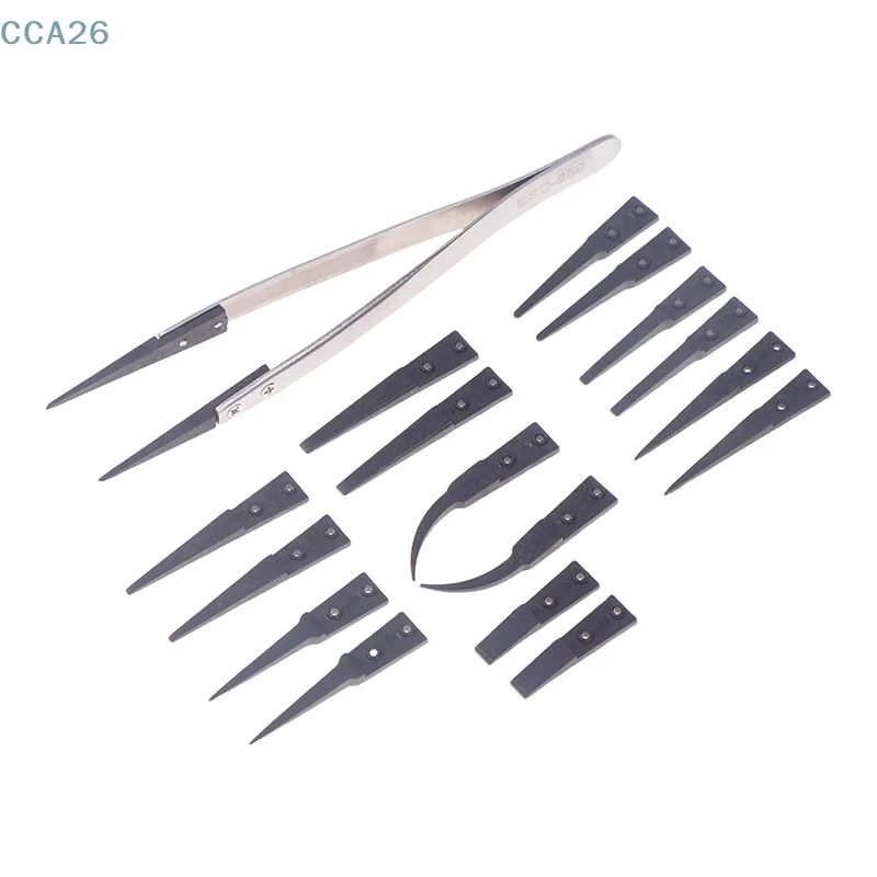 ESD 259 Portable Handle Stainless Tweezers With 8Pcs Exchengeable Antistatic Plastic Tips For Heat Resistant Repair Tool