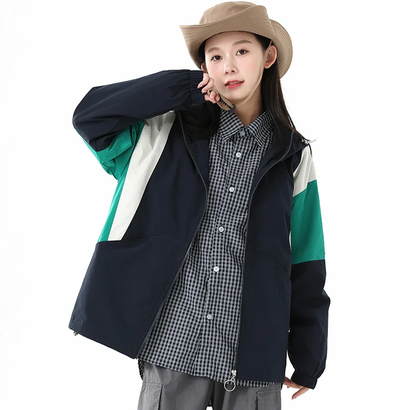 New Female Versatile Fashion Contrasting Color Patchwork Hooded Coat For Women'S Trend Spring And Autumn Loose Casual Jacket