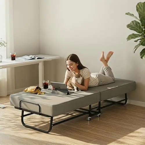 Rollaway Bed with Mattress for Adults, Folding Portable Guest Bed with Wheels, Foldable Metal Frame, Space-Saving