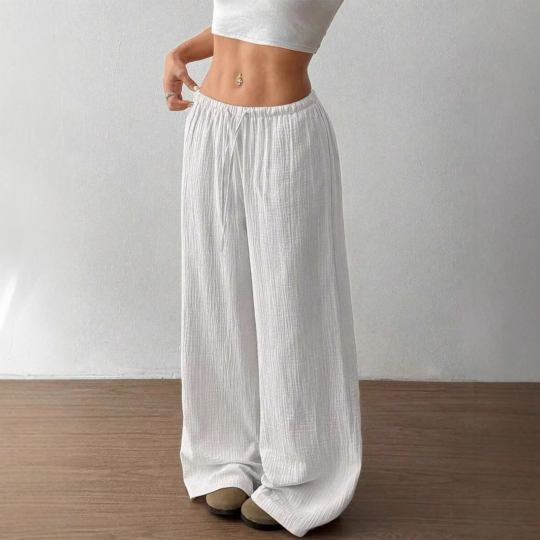 2026 New Women Textured Wide Leg Pants, High Waist Drawstring Loose Pants, Summer Beach Lounge Trousers