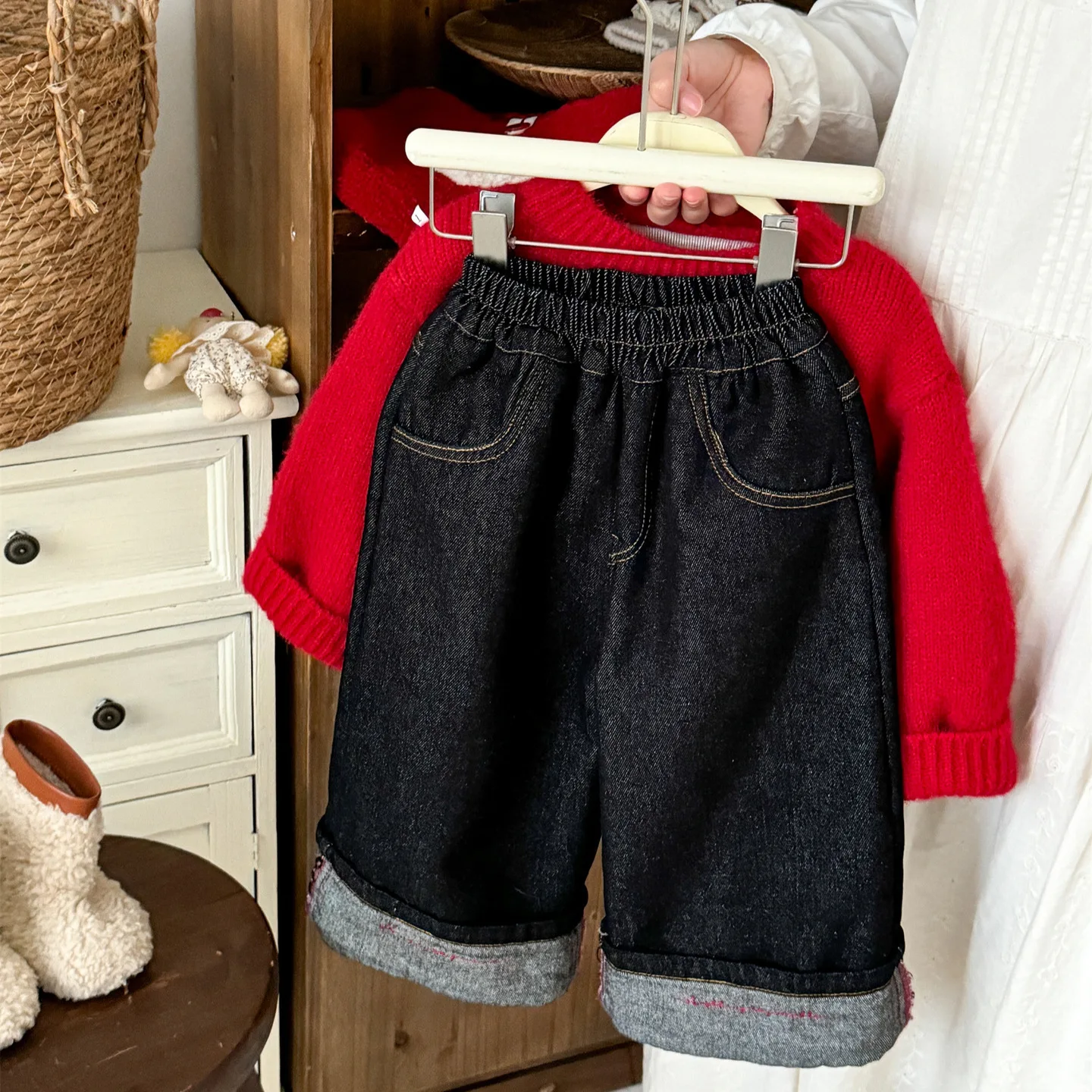 Girls' Rolled Edge Jeans Children's Thick Alpaca Fleece Straight Leg Pants Winter New Korean Version