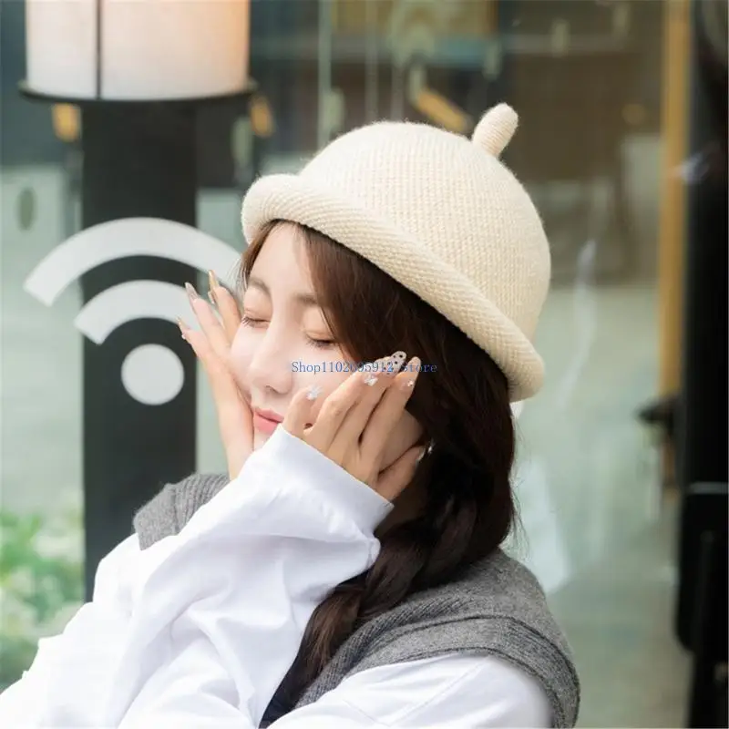 

N7YE Lovely Roll Brims Caps for Adult Knitted Thick Warm Skull Hat Adjustable Outdoor Winter Activity Domed Headwear