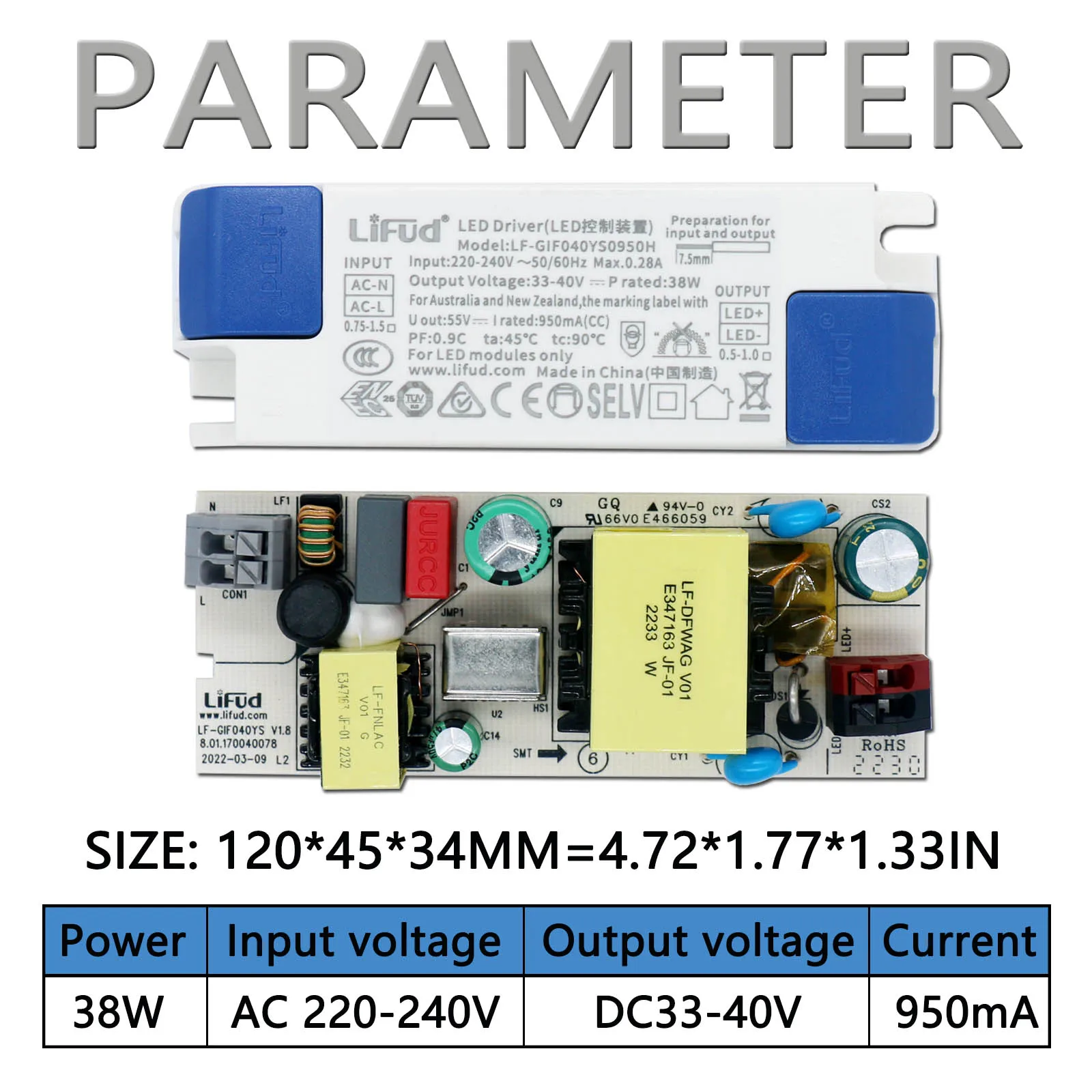 28-48W Lifud LED Isolated Driver Power Supply33-40V 700mA 800mA 900mA 1000mA 1200mA High PF Flame-retardant Lighting Transformer