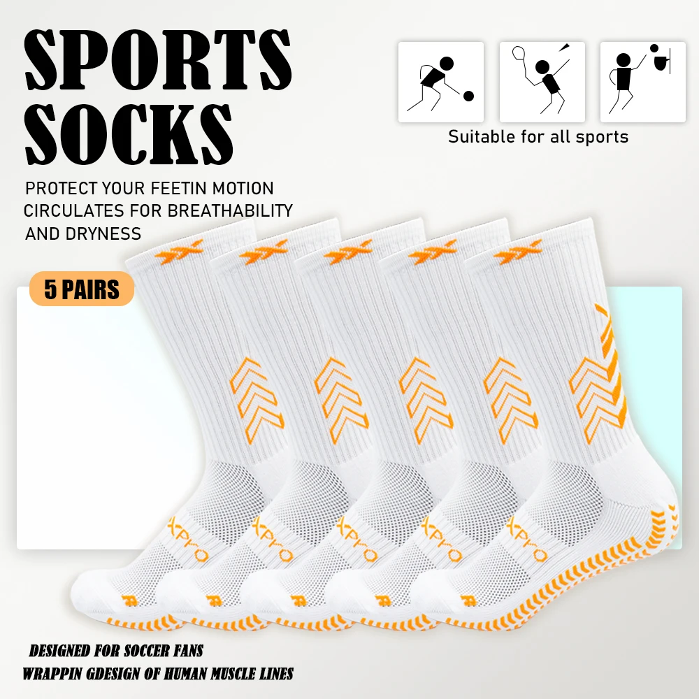 5 pairs of anti slip and wear-resistant outdoor men's and women's sports socks, football sports socks, cycling sports socks