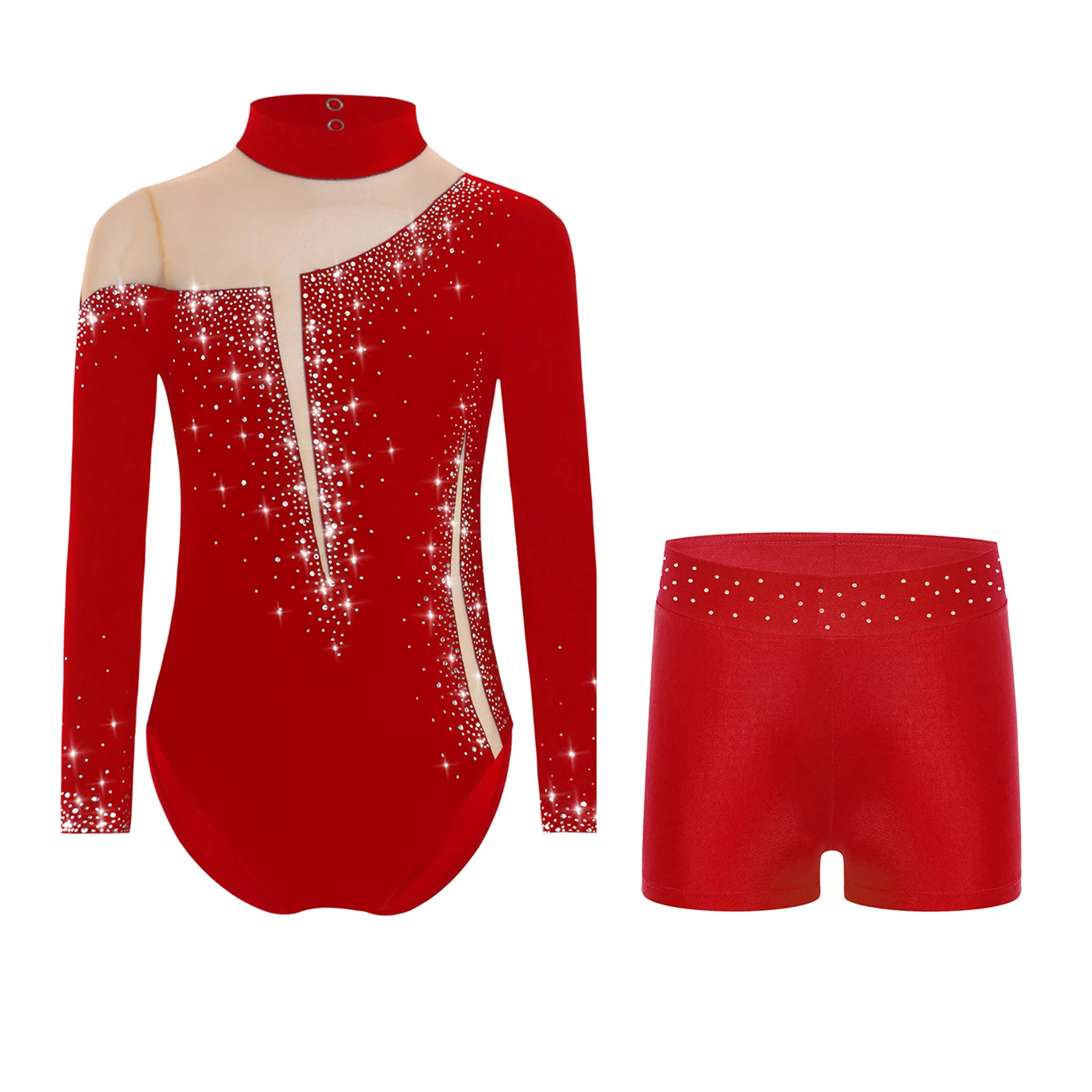 Justaucorps à strass scintillants, manches longues, trou de serrure, maille transparente, Patchwork, gymnastique, patinage artistique, Performance, vêtements de danse