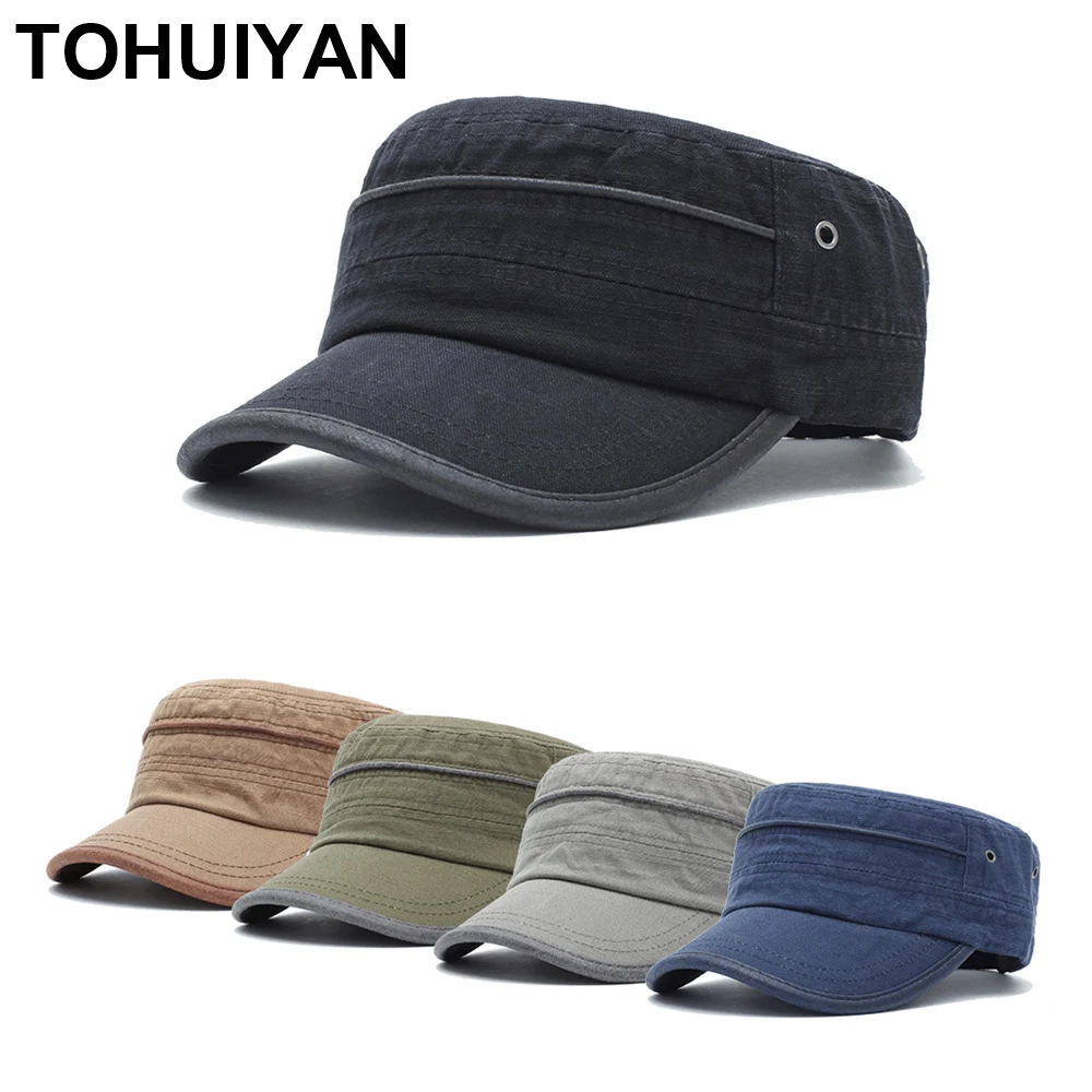 TOHUIYAN Classic Washed Cotton Cadet Army Cap Men Women Gorras Planas Sailor Patrol Fatigue Hat Summer Autumn Bone Military Hats