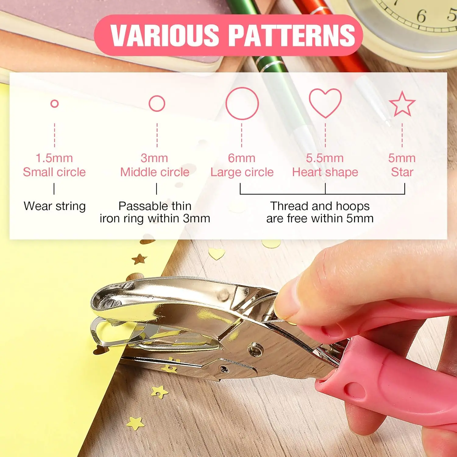 Handheld Hole Paper Punch Metal Single Heart and Star Shapes Small Hole Punch Puncher for DIY Craft Tags Clothing Ticket Tool