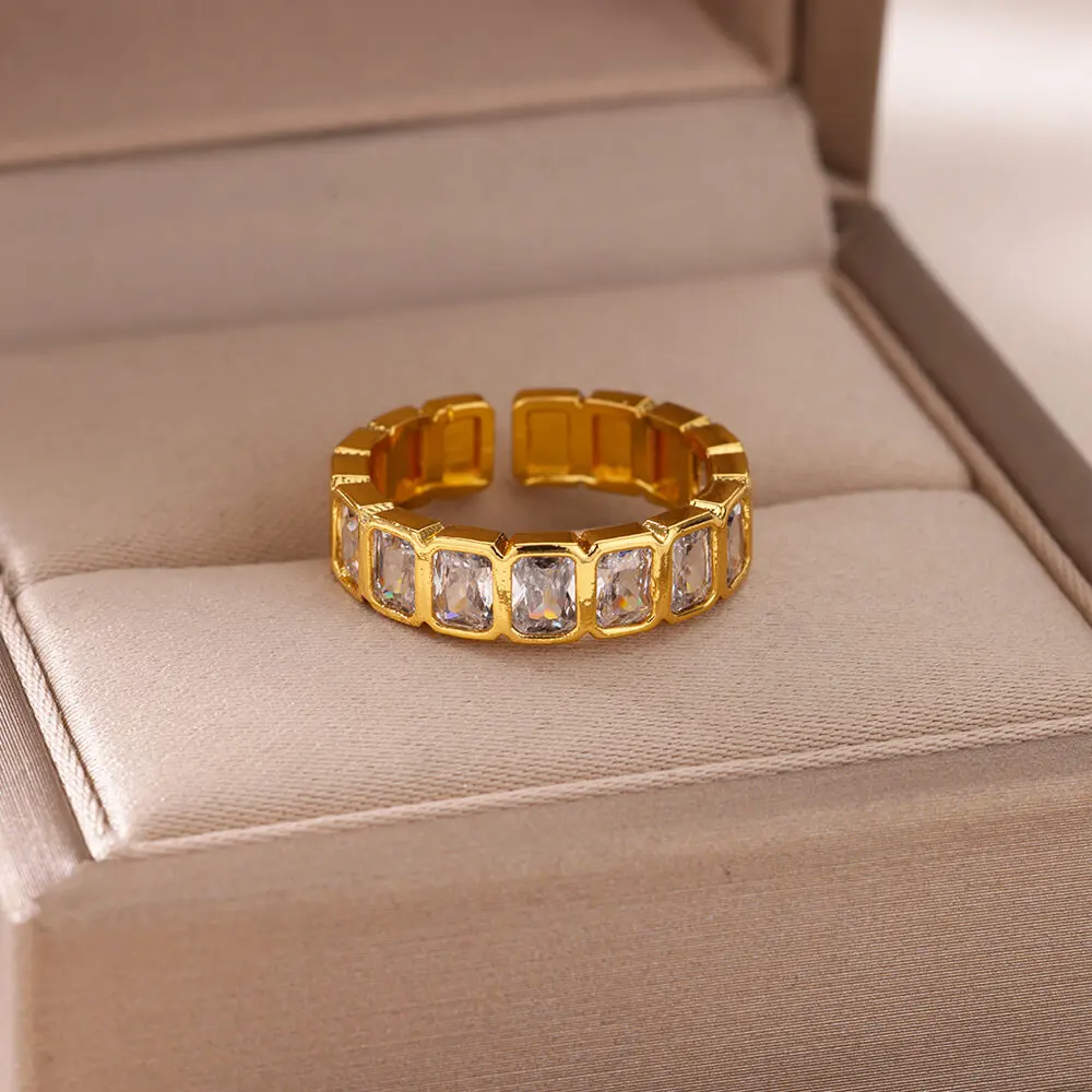 Open Cubic Zircon Rings for Women Gold Color Stainless Steel Ring Trend 2026 Aesthetic Finger Jewelry Couple Wedding Anillos