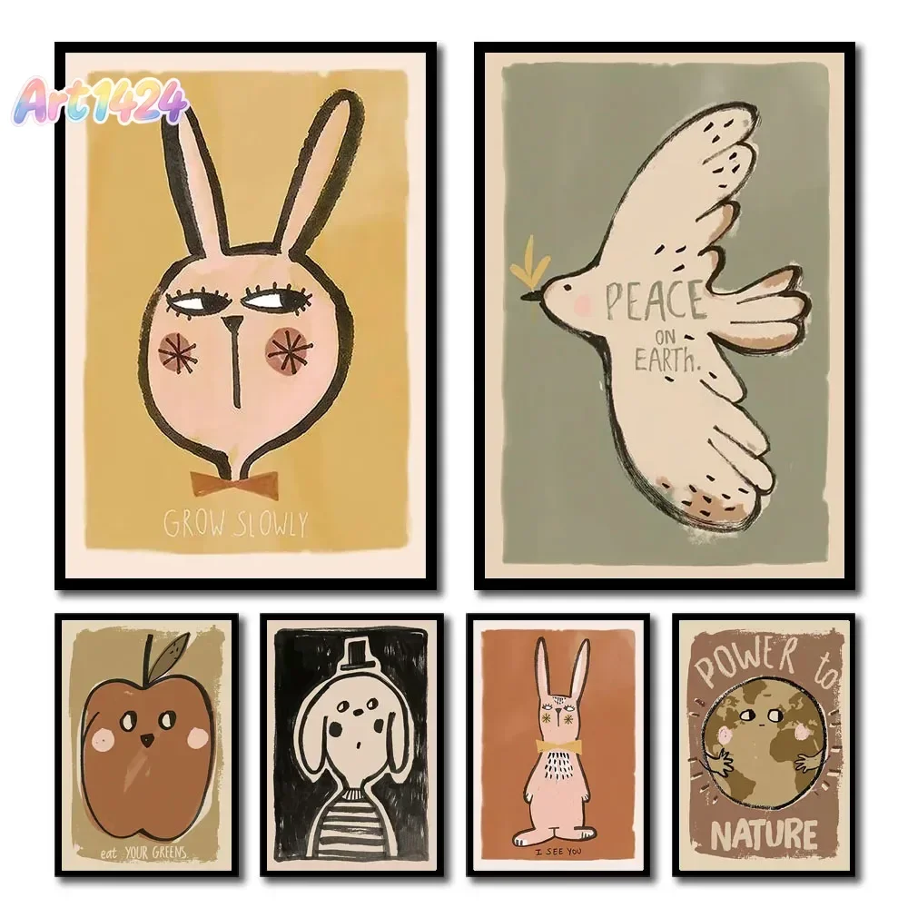 Abstract Cartoon Animal Fruit Art Poster Apple Rabbit White Dove Rainbow Wall Art Picture Canvas Print Painting Modern Home D