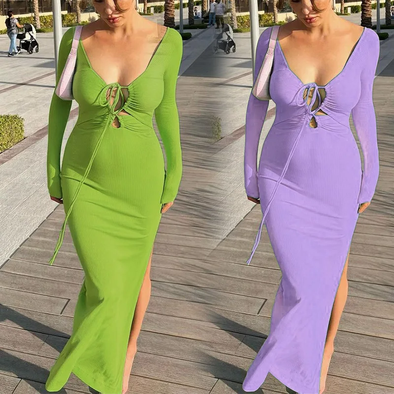 Women's V-ne Lace-up Ba Long Sve Dr High Waist Hip Wrap Design Summer Faion Street Sle One-piece Dr