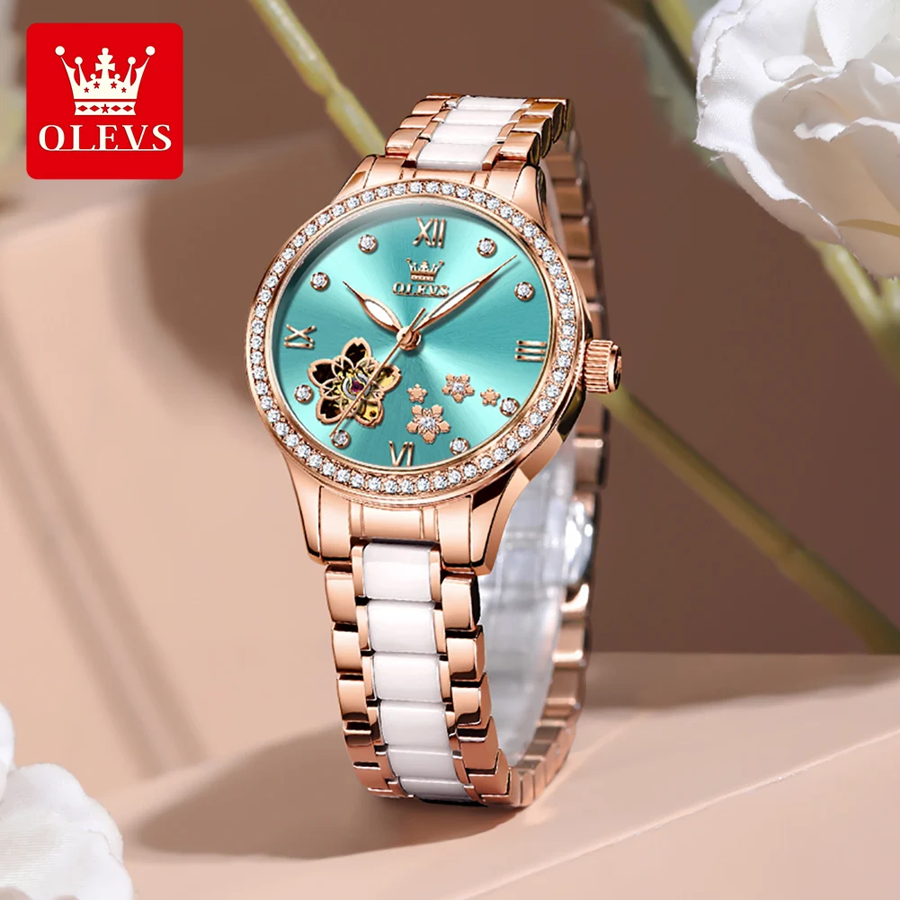 OLEVS 7074 Luxury Ladies Watches Top Brand Automatic Mechanical Wristwatch Waterproof Luminous Ceramics Strap Watch Reloj