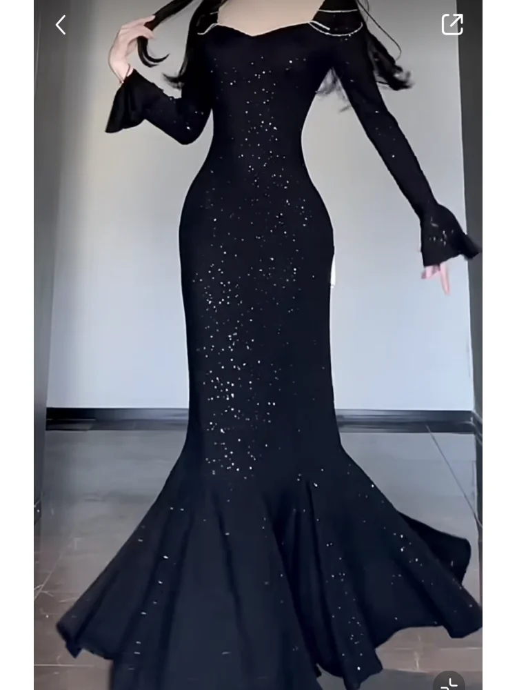 Vintage Elegant Sequined Long Mermaid Dress Women Black Korean Slim Fairy Dress Female Long Sleeve Casual Evening Party Dresses