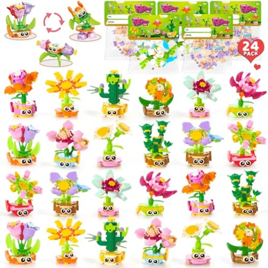 

24 Pack Valentine's Day Gifts with Cards for Party Favors 3-in-1 STEM Flower and Plant Building Sets Models,Classroom Exchange