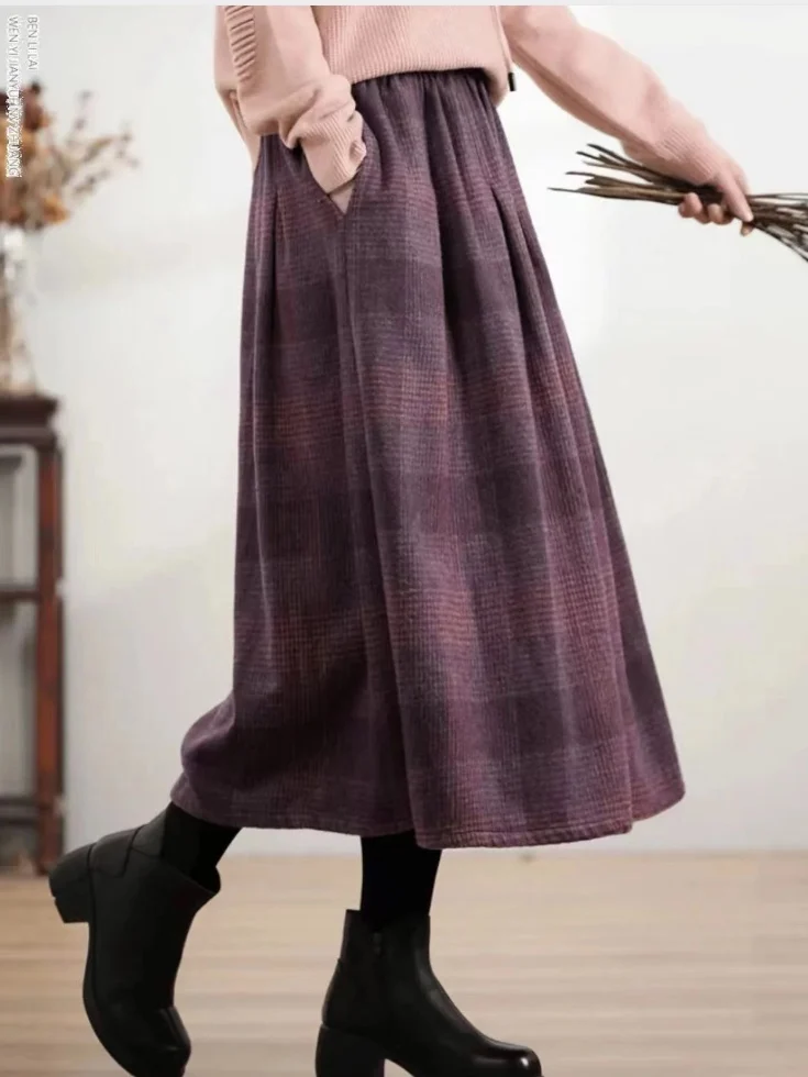 

Retro Plaid Midi Skirt Women's Casual Purple A-Line Flared Skirt Warmth without Gathered Waist Elastic Waist Skirt