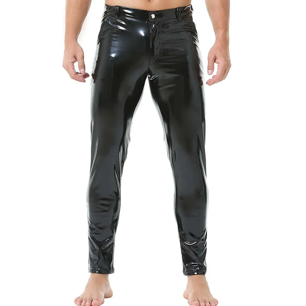 

Mens Shiny Faux Leather Tights Pants Sexy Glossy PVC Leather Casual Trousers Pant Male Shaping Wetlook Pants Pole Dance Costumes