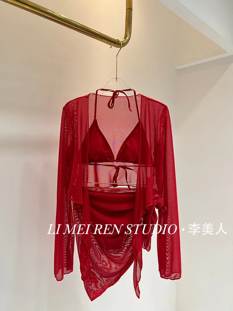 New Red bikini long sleeved top swimsuit, women's hot girl vacation