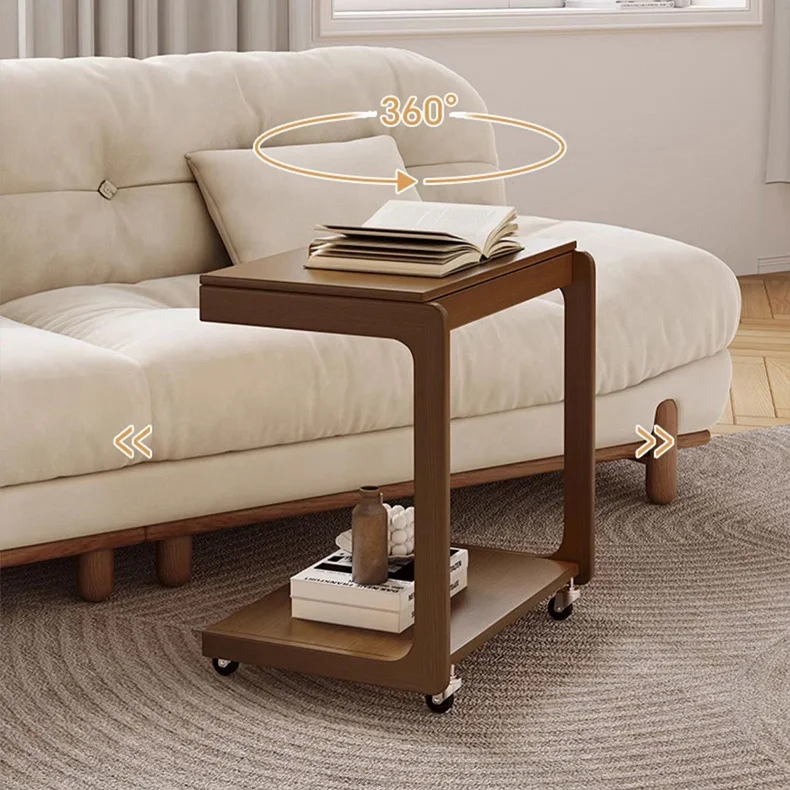 Sofa side table universal wheel coffee table wood living room C-shaped mobile bedside mobile computer desk mobile coffee table