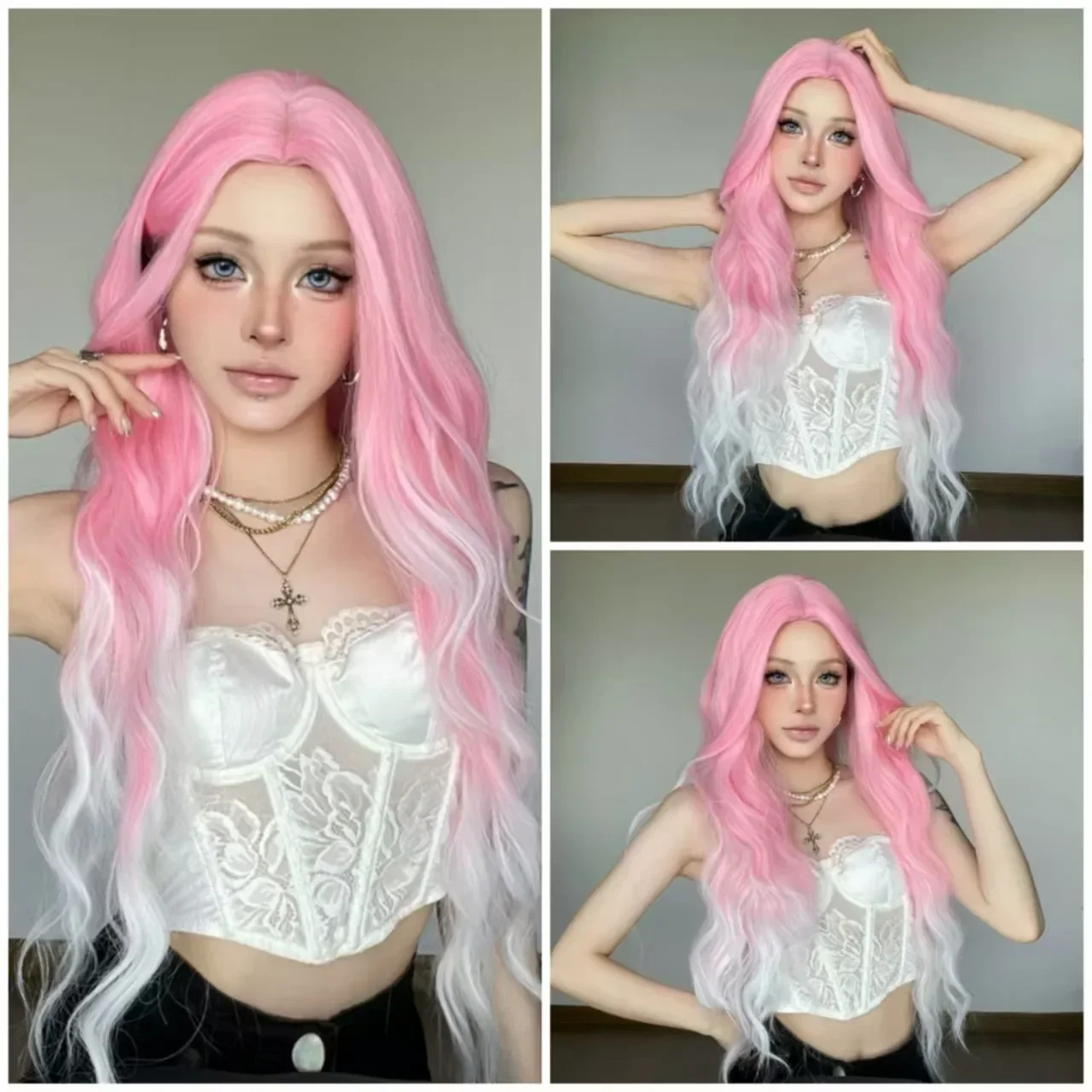 

Light Pink Gradient Synthetic Hair Wigs Long Wavy Natural Hair Wigs with Bangs for Women Cosplay Lolita Wig Heat Resistant