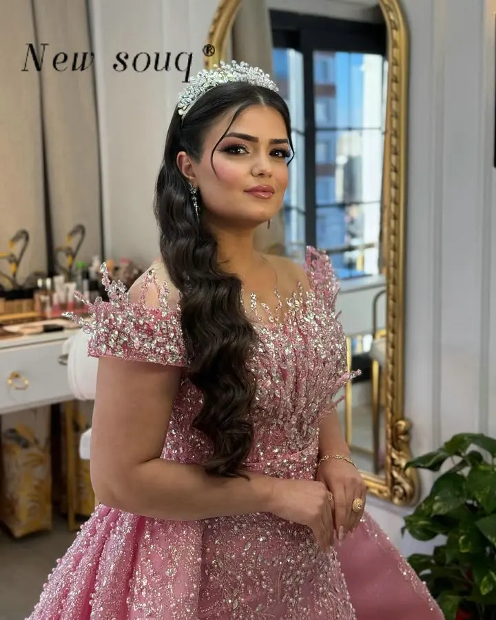 

Dubai Pink 3D Crystals Off Shoulder Wedding Evening Dresses with Detachable Train Customized Two Pieces Formal Night Party Gowns