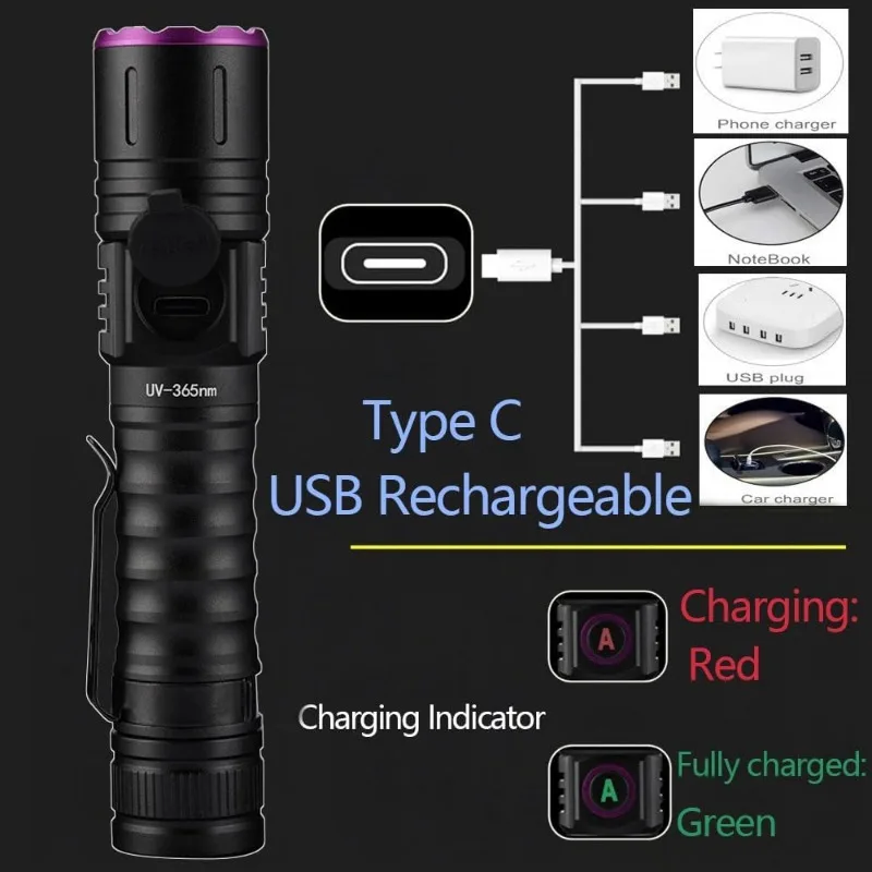 Linterna UV con Zoom, luz negra recargable por USB tipo C para curado de resina, detección de orina de mascotas, escorpión con batería, 365/395nm, 5W