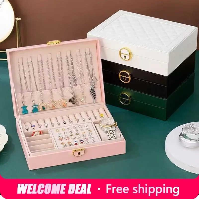 

Трехслойная коробка для хранения ювелирных изделий из искусственной кожи с ключом ​ Витрина для ювелирных изделий ​ Хранение сережек и ожерелий ​ Органайзер для ювелирных изделий