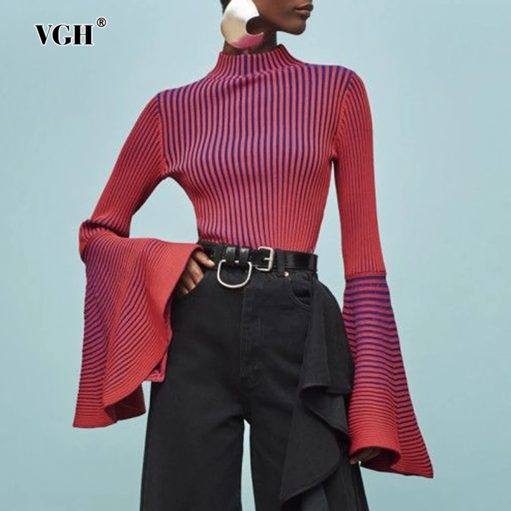 

VGH модный дизайнерский свитер для женщин с полувысоким воротником и расклешенными рукавами для похудения, повседневные пуловеры, женский осенний модный стиль