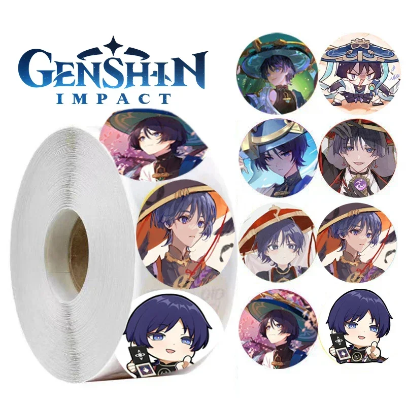 500PCS/Roll Genshin Impact Game Sealing Decal Waterproof Xiao Keqing Shotgun Kaedehara Kazuha Envelope Kawaii Stationery Sticker