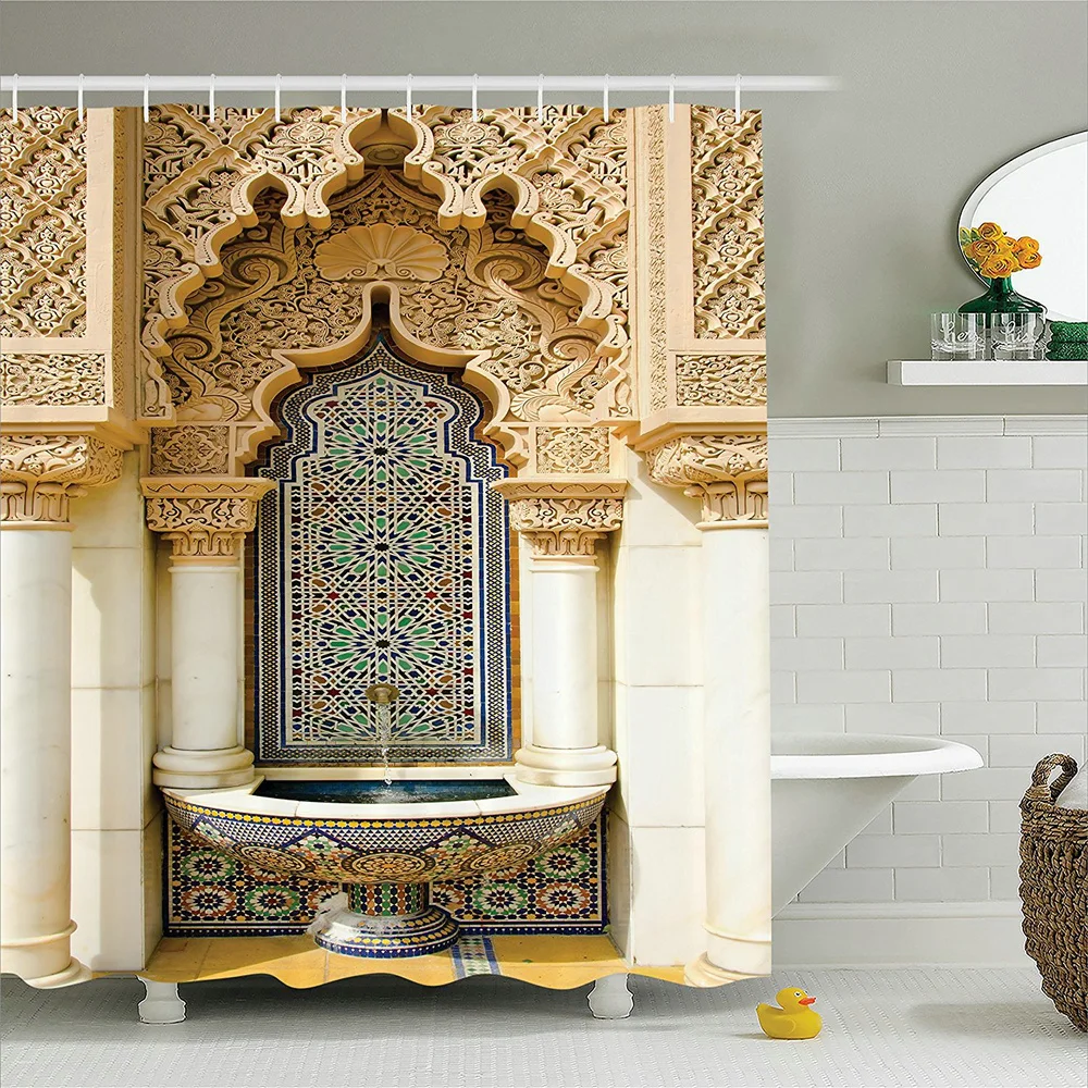 Moroccan Shower Curtain Set Aged Gate Geometric Pattern Doorway Design Entrance Architectural Oriental Style Bathroom Curtains