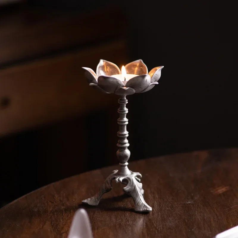 Vintage Liao Style Pewter Tall Lotus Candlestick Zen Tea Table Metal Candle Holder Chinese Tea Ceremony Desktop Decor Ornament