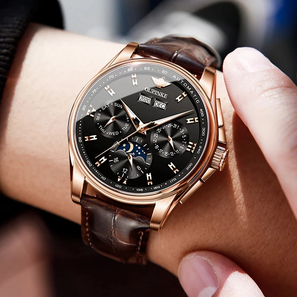 Imagem -06 - Oupinke-relógios Masculinos de Luxo Relógios Mecânicos Automáticos Pulseira de Couro Genuíno Relógios de Pulso à Prova Dágua Moon Phase