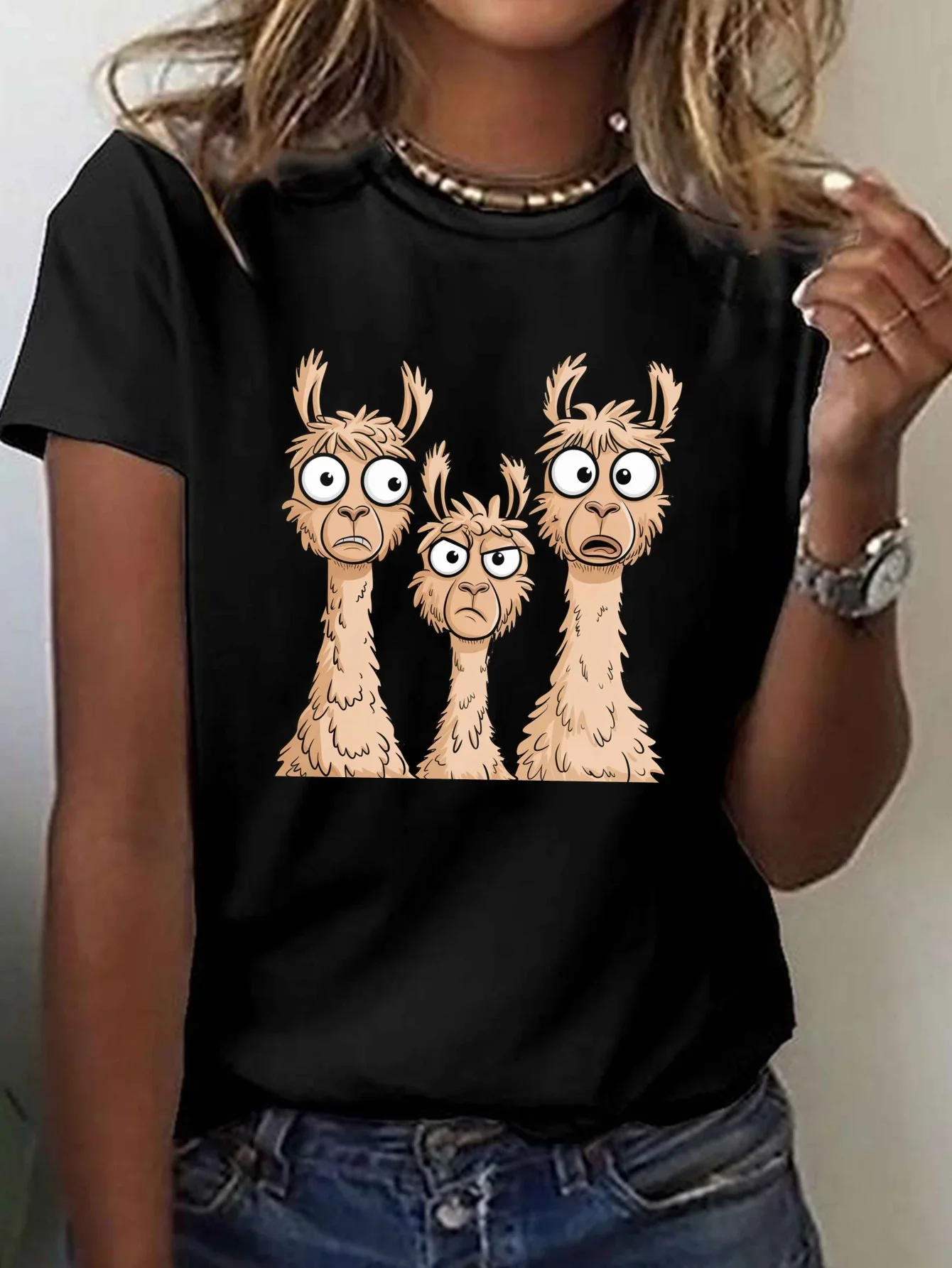 Women's Men's Kids Funny Alpacas Cartoon Print T-Shirt Casual Crew Neck Short Sleeve Women Summer Spring Top T-Shirt Clothing