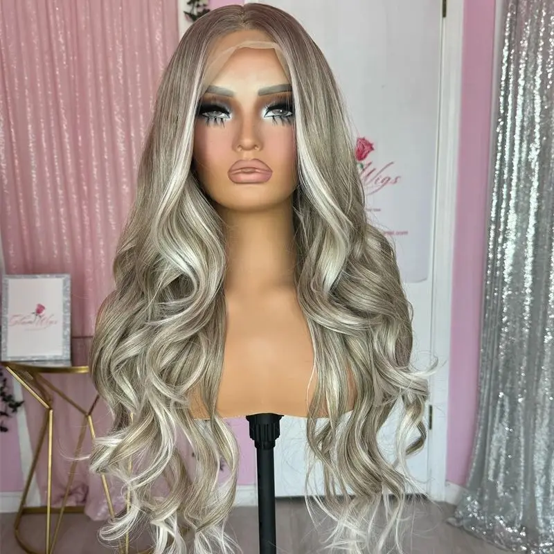 28 ''الطبيعية قبل قطعها شعري واقعي الرماد غريري شقراء الاصطناعية الحرارة ودية HD الدانتيل شعر مستعار أمامي Balayage غطاء متوسط الحجم