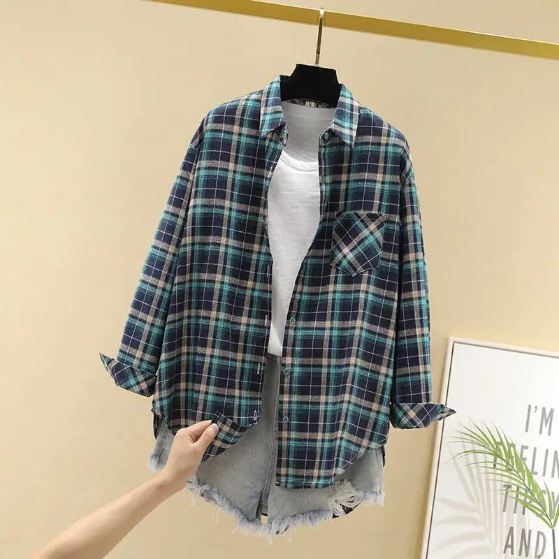 Women Clothing Printing Plaid Patchwork Pocket Buttons Office Lady Simplicity Fashion Loose Turn-down Collar Long Sleeve Blouses